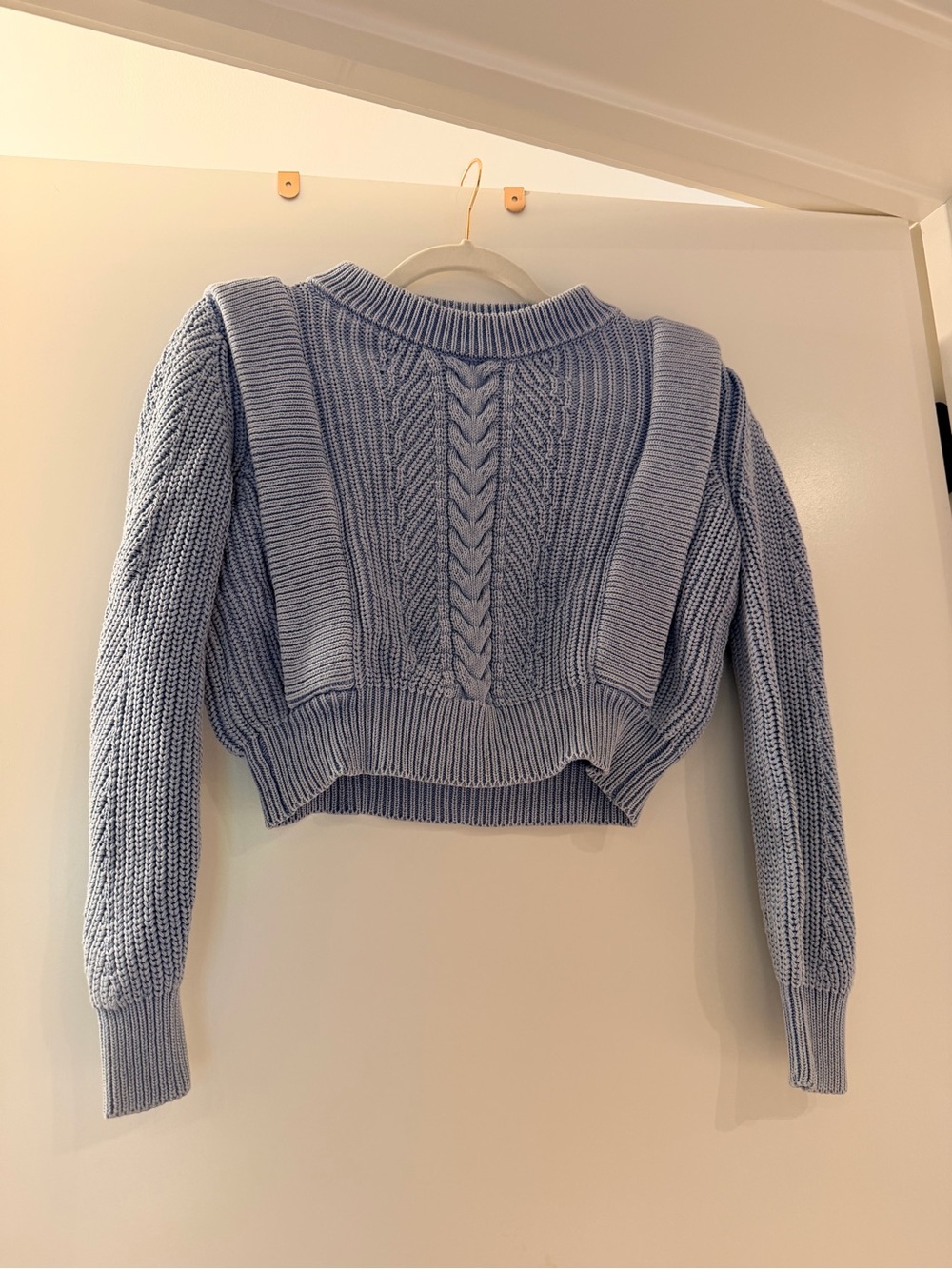 Light Blue Cropped Cable-Knit Crewneck Sweater
